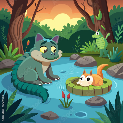 Short Tale About a Crocodile Befriending a Bird – An Unlikely Friendship Story Illustration