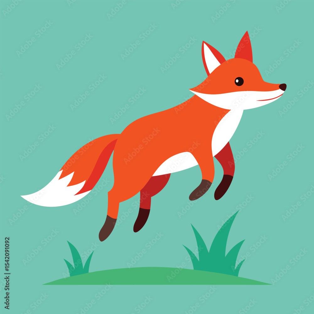 Obraz premium Jumping Cartoon Red Fox Illustration on Green Background