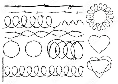 Razor wire silhouettes. Barbed wire metallic border elements, sharply barb wire fencing vector symbols set.