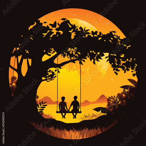 Romantic Couple on Swing Under Tree – Sunset Silhouette Art for Love and Nature Themes