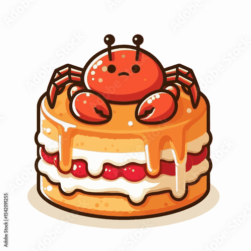 Cartoon cake with a crab on top featuring layers of sponge cream and cherries covered in dripping caramel