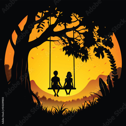 Romantic Couple on Swing Under Tree – Sunset Silhouette Art for Love and Nature Themes