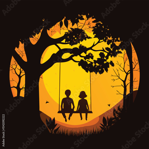 Romantic Couple on Swing Under Tree – Sunset Silhouette Art for Love and Nature Themes