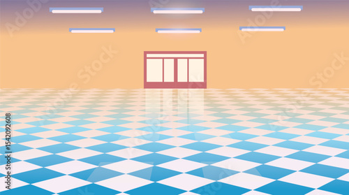Perspective view of aisle into a large room with a hall and a checkered floor and door. Cartoon vector illustration