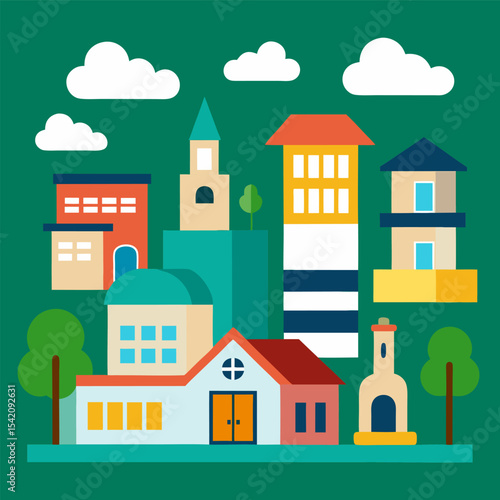 Vibrant Illustration of Charming Coastal Town with Various Buildings