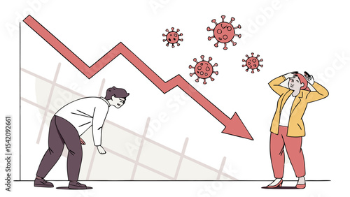 Illustration showing economic downturn with virus symbols and stressed people indicating financial crisis impact