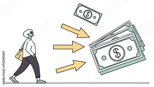 Illustration of a woman walking towards money with arrows indicating the flow of funds to her wealth