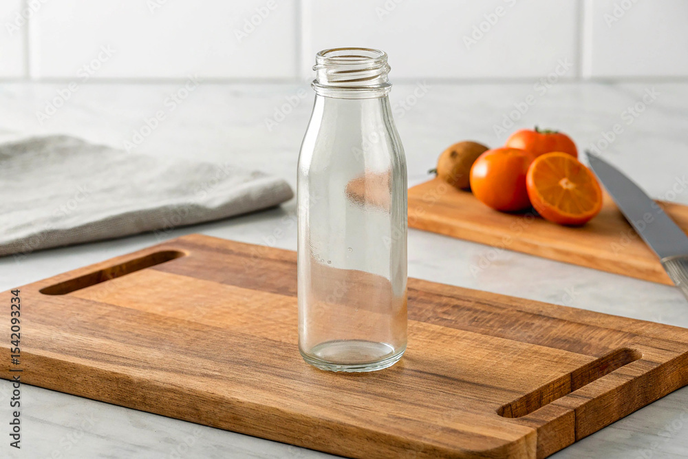Obraz premium Empty Glass Bottle Mockup Kitchen Setting