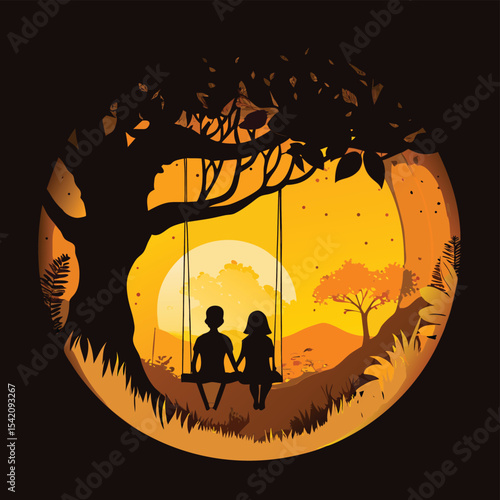 Romantic Couple on Swing Under Tree – Sunset Silhouette Art for Love and Nature Themes