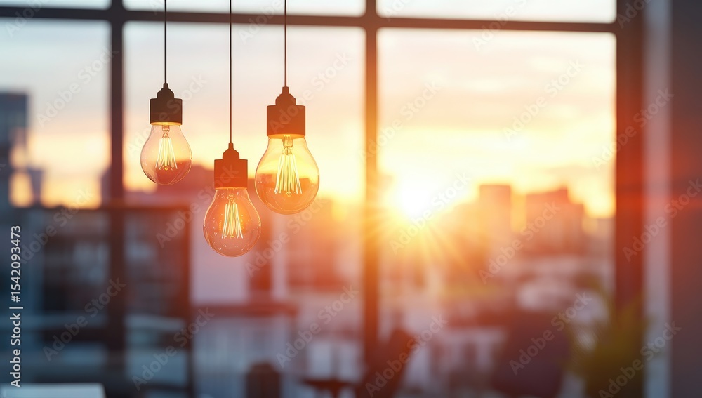 Three warm-toned Edison bulbs hang from a modern office window, bathed in sunset light. Cityscape visible through the out-of-focus window Three warm-toned Edison bulbs hang from a modern office window, bathed in sunset light. Cityscape visible through the out-of-focus window