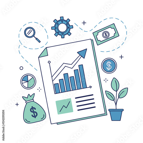 Financial Growth Illustration: Charts, Money, Investment, and Business Strategy Elements