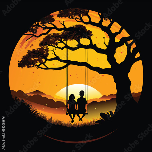 Romantic Couple on Swing Under Tree – Sunset Silhouette Art for Love and Nature Themes