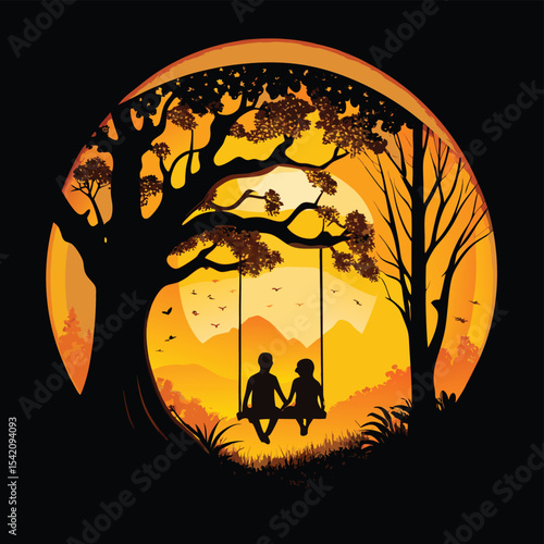 Romantic Couple on Swing Under Tree – Sunset Silhouette Art for Love and Nature Themes