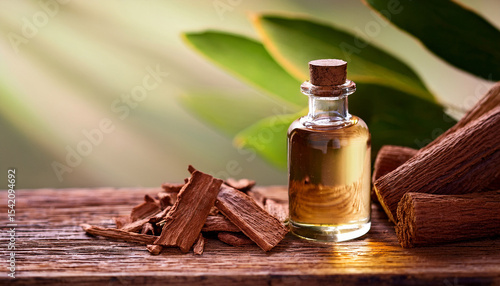 sandalwood essential oil in a glass bottle on wooden table surrounded by sandalwood chips