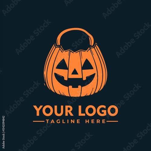 Halloween jack-o'-lantern bag logo design, featuring a carved pumpkin with a handle, ready for trick-or-treating.