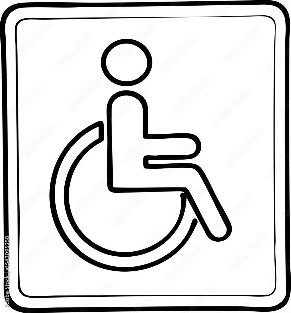 A simple black and white line drawing of a wheelchair accessibility symbol featuring a person seated in a wheelchair inside a square border. A simple black and white line drawing of a wheelchair accessibility symbol featuring a person seated in a wheelchair inside a square border.