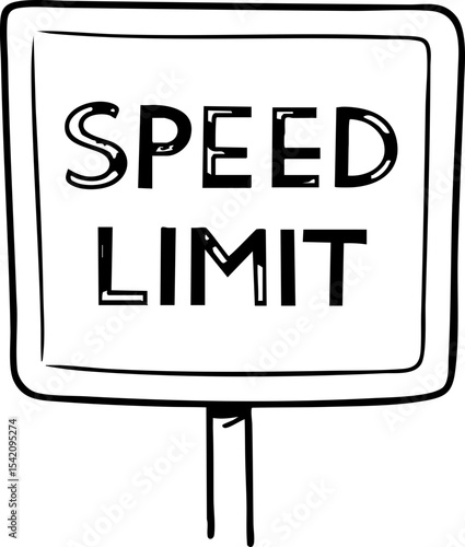 A black and white hand-drawn speed limit road sign with a simple rectangular border and stylized text.