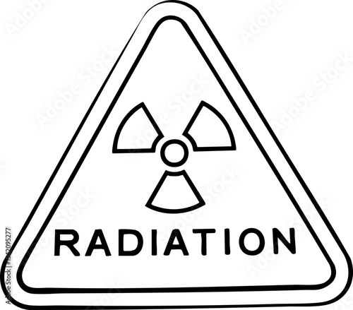 A black and white warning sign featuring a radiation symbol inside a triangle with the word "RADIATION" below it.
