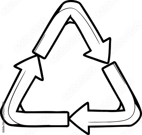 Black and white hand-drawn recycling symbol with three arrows forming a triangle, representing sustainability and environmental conservation.