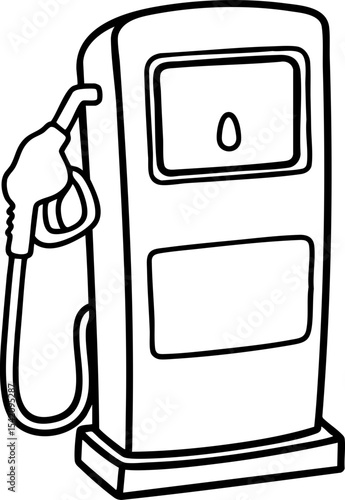 Black and white line drawing of a vintage fuel pump with a hose and nozzle attached.