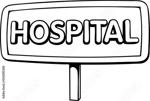 A simple black and white illustration of a hospital sign with bold, rounded letters inside a rectangular frame.