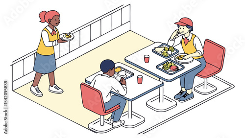 Isometric view of people eating in a cafeteria with a server bringing food to the table at lunch time