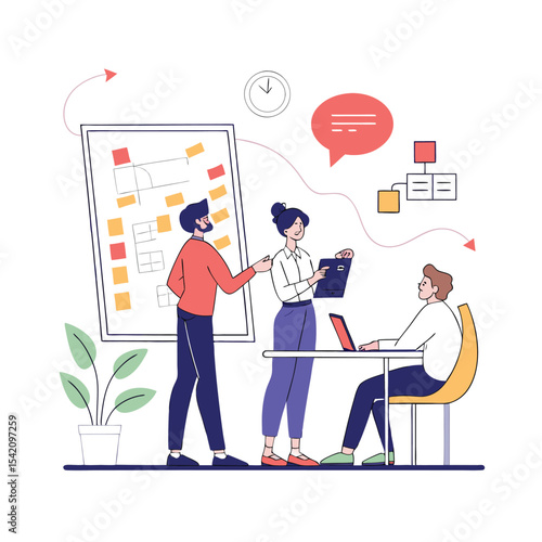 Team Collaboration: Brainstorming Session with Agile Board and Laptop Illustration