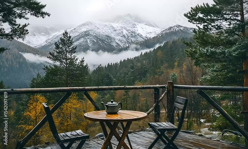 Serene Mountain View from Cozy Deck Tea Time in Nature