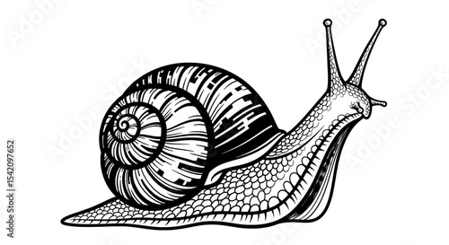 Realistic Snail Shell Drawing | Black and White Gastropod Illustration
