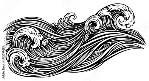Intricate Ocean Wave Vector | Black and White Water Flow Illustration
