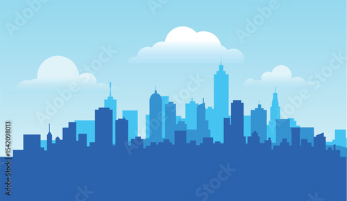 Flat Vector Blue City Skyline with Cloudy Sky, Urban Landscape Silhouette with Layered Buildings