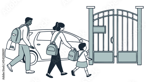 Family arriving at school with car and gate parent child backpack schoolbag together walk to school day