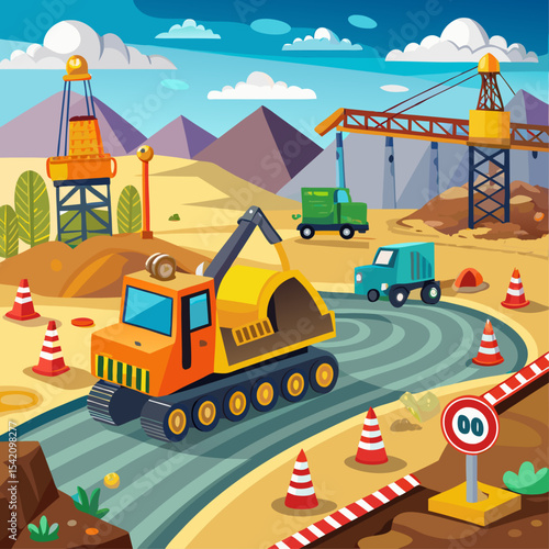 Road Construction with Heavy Equipment – Industrial Worksite Illustration