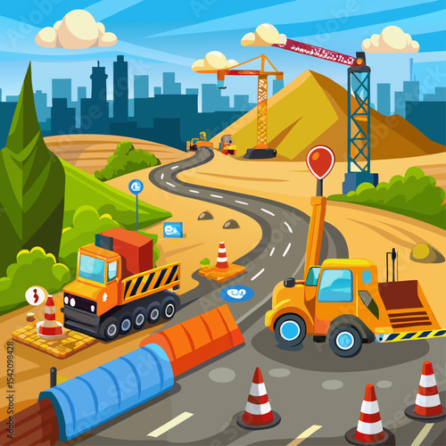 Road Construction with Heavy Equipment – Industrial Worksite Illustration