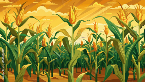 Cornfield with tall green plants and ripe corn cobs under a bright golden sky at sunset, in a rural agricultural scene