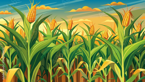 Cornfield with tall green stalks and ripe corn cobs under a golden sunset sky in a rural landscape illustration