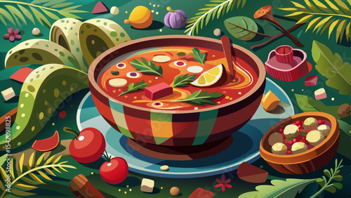 Traditional borsch with beetroot, vegetables, herbs and lemon slice in a colorful bowl, surrounded by fresh ingredients and rustic decorative elements