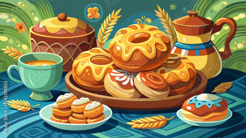 Sweet donuts with colorful glaze served on a wooden tray, accompanied by tea, pastries and a ceramic teapot in a festive decorative setting