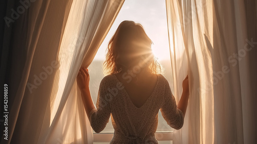 A woman standing by a window, gently opening curtains to let in the morning sunlight. Soft sun rays create a peaceful and hopeful atmosphere