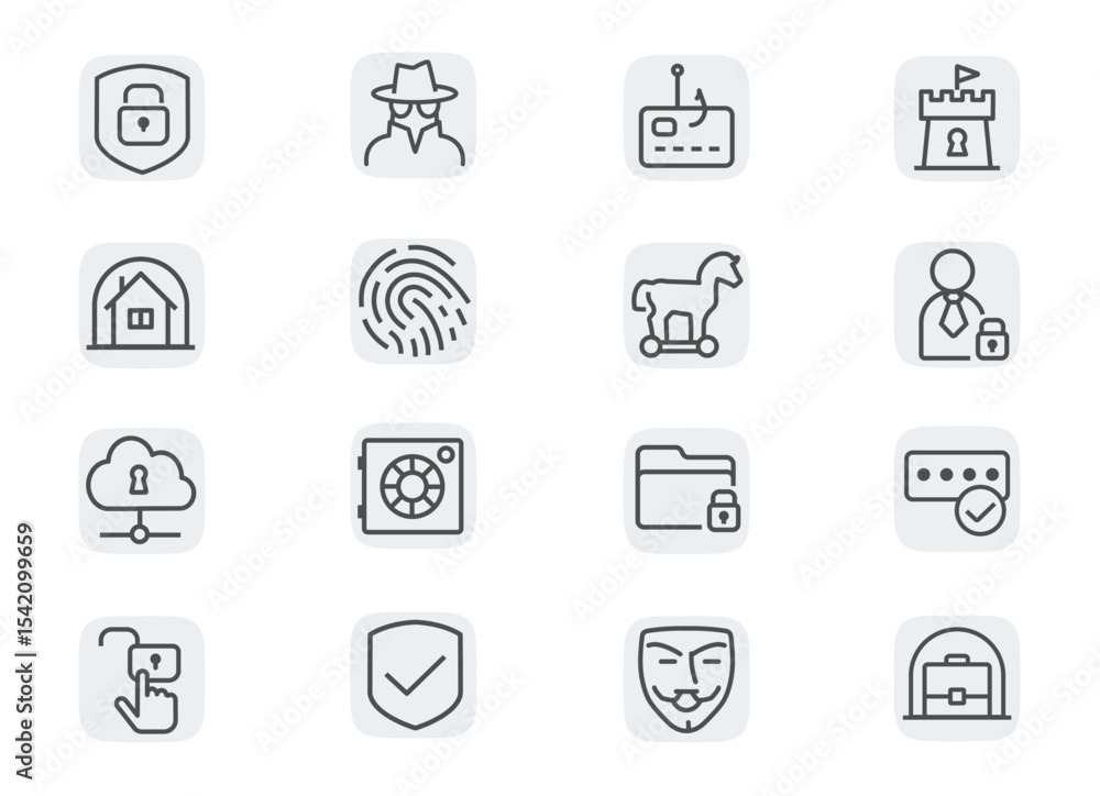 Personal data protection and antivirus software. Concept editable stroke outline icons set isolated on white background flat vector illustration. Pixel perfect Personal data protection and antivirus software. Concept editable stroke outline icons set isolated on white background flat vector illustration. Pixel perfect