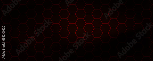 Hexagon game background with glowing red honeycomb grid on black surface. Abstract geometric pattern of connected cells for futuristic interface design. vector dynamic modern art technology