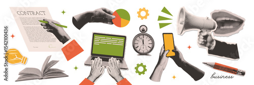 Big set of cut out paper elements of a halftone collage. Contemporary minimalistic business style. Hands working on a laptop, signing a contract, rising arrow chart. Ready to use elements. Vector