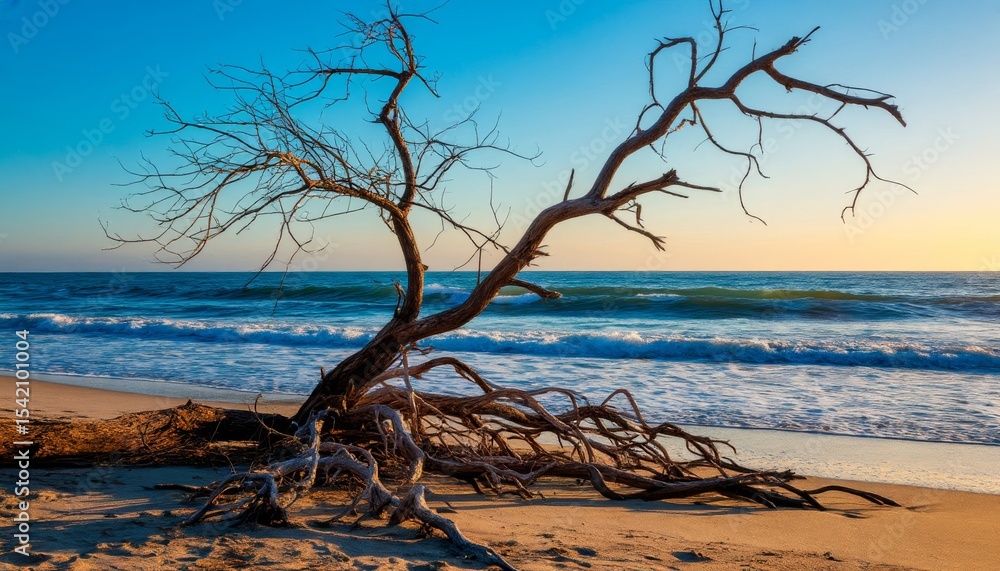 A solitary tree stands on the beach, its bare branches reaching towards the sky, with waves gently lapping at the shore. The scene is illuminated by the warm light of sunset, 3D, 4K. A solitary tree stands on the beach, its bare branches reaching towards the sky, with waves gently lapping at the shore. The scene is illuminated by the warm light of sunset, 3D, 4K.