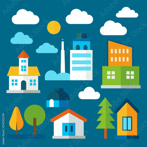 Colorful Cityscape Illustration with Buildings and Houses