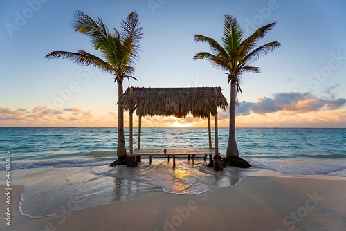 Wallpaper Mural Tropical beach sunrise scene featuring a thatched roof palapa structure situated on a wooden platform between two palm trees gently lapped by turquoise ocean waves on a pristine sandy shore Torontodigital.ca