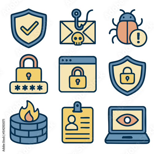 Secure icons representing cybersecurity concepts, including shields, locks, and alerts