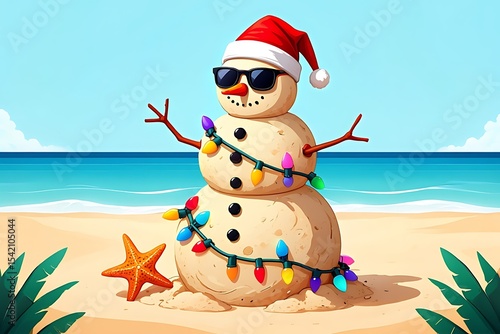 Sand snowman with christmas lights on a tropical beach holiday
