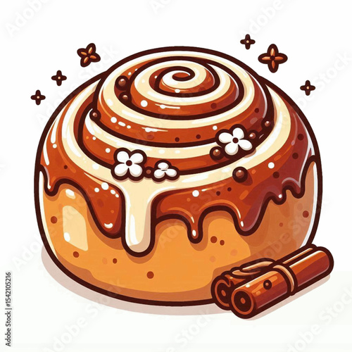 Cartoon cinnamon roll with icing and decorative flowers accompanied by cinnamon sticks