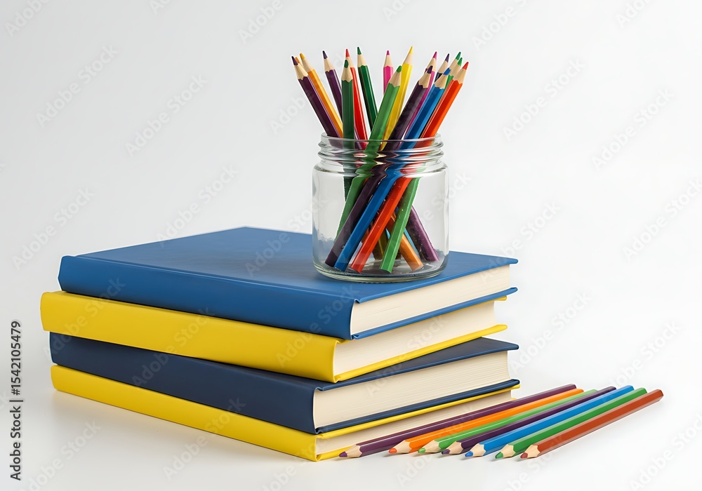Fototapeta premium Stack of books with colored pencils in a jar and lying beside