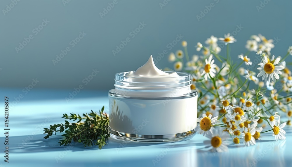 Elegant beauty jars with cream and fresh daisies on light blue background with copy space Elegant beauty jars with cream and fresh daisies on light blue background with copy space